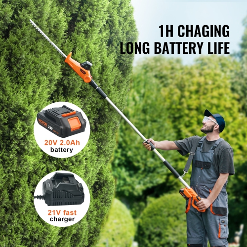 VEVOR 20V Cordless Hedge Trimmer, 18 inch Double-edged Steel Blade, Pole Hedge Trimmer Kit 20V Battery, Fast Charger Included, 74"-94" Telescoping