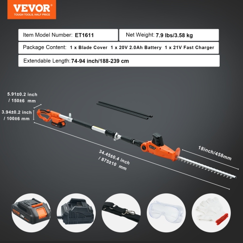 VEVOR 20V Cordless Hedge Trimmer, 18 inch Double-edged Steel Blade, Pole Hedge Trimmer Kit 20V Battery, Fast Charger Included, 74"-94" Telescoping