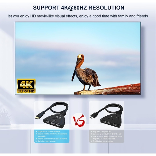 4K@60Hz HDMI 2.0 switcher, hdim switcher three in one out 4K@60hz HDTV pigtail 3 in 1 converter wired split screen