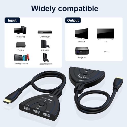 4K@60Hz HDMI 2.0 switcher, hdim switcher three in one out 4K@60hz HDTV pigtail 3 in 1 converter wired split screen