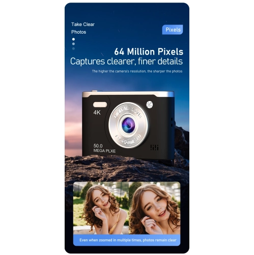 CCD digital camera, can take selfies and transfer to mobile phones, student party camera, camera vog, HD dual camera, 4k video recording - blue [32G