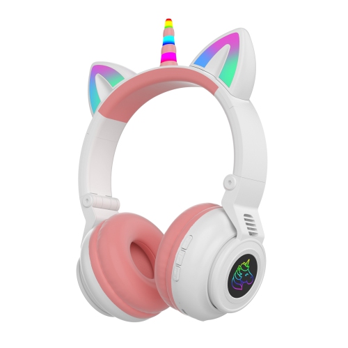 Unicorn Bluetooth Headset, Headset Music Game, Power Display Cute Cat Ear Headset Wireless Headset - White