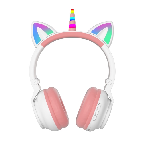 Unicorn Bluetooth Headset, Headset Music Game, Power Display Cute Cat Ear Headset Wireless Headset - White
