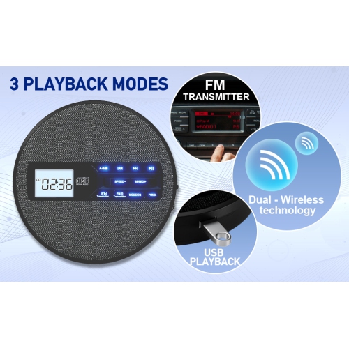 Lecteur CD multifonctionnel, double Bluetooth, deux haut-parleurs stéréo, émetteur FM, répéteur, Walkman - Gris foncé
