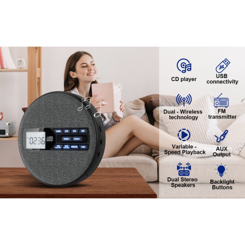 Lecteur CD multifonctionnel, double Bluetooth, deux haut-parleurs stéréo, émetteur FM, répéteur, Walkman - Gris foncé