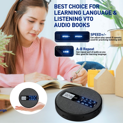 Lecteur CD multifonctionnel, double Bluetooth, deux haut-parleurs stéréo, émetteur FM, répéteur, Walkman - Gris foncé