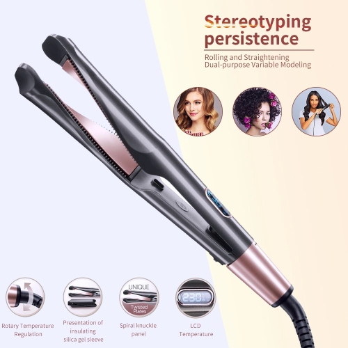 Curling Iron, Electric Automatic Spiral Curling Iron, 2-in-1 Twisted Straight Curling Iron Wave Splint, Temperature Display Adjustable Curling Iron