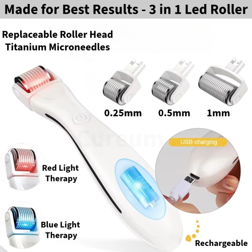 2 in 1 LED Derma Roller with 3 in 1 Titanium Needles Roller Heads For Skin, Face, Hair & Beard Growth Led Light Therapy