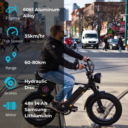 Bluerev Spitfire Vintage Moped-Style Electric Bike – 750W Motor, 48V 16Ah Battery, 20x4” Fat Tires, Hydraulic Disc Brakes, Passenger Seat with Pegs.