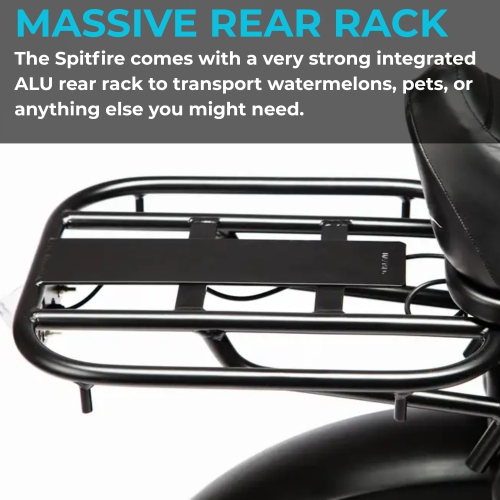 Bluerev Spitfire Vintage Moped-Style Electric Bike – 750W Motor, 48V 16Ah Battery, 20x4” Fat Tires, Hydraulic Disc Brakes, Passenger Seat with Pegs.