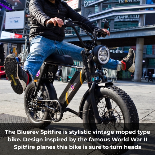 Bluerev Spitfire Vintage Moped-Style Electric Bike – 750W Motor, 48V 16Ah Battery, 20x4” Fat Tires, Hydraulic Disc Brakes, Passenger Seat with Pegs.