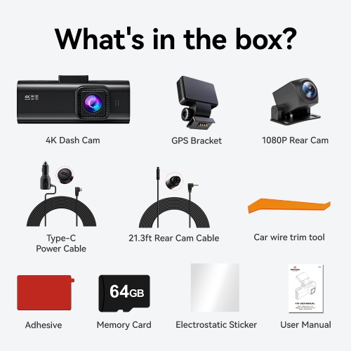 REDTIGER 4K Dash Cam Front and Rear,Built-in WiFi GPS 4K+1080P Dual Dash Camera for Cars,3.18 inch Display Dashcam,170° Wide Angle Dashboard Camera