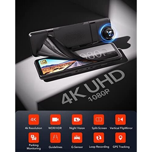 REDTIGER Rear View Mirror Camera with 33Ft Extension Cable,11'' 4K UHD Front and 1080P Mirror Dash Cam Front and Rear,GPS,Parking Monitor,Night