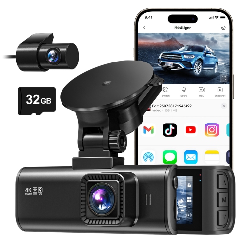 REDTIGER 4K Full HD Dual Dash Cam, Include 32GB Card, Wi-Fi & GPS