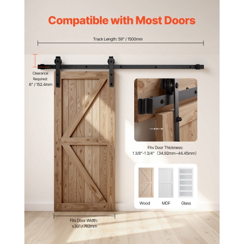 VEVOR 5FT Sliding Barn Door Hardware Kit, 330 LBS Weight Capacity, fit 30in Max Width & 1-3/8 to 1-3/4in Thickness Single Sliding Barn Door, Durable