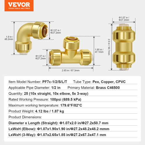 VEVOR 1/2" Pipe Fittings, 25PCS Brass Pipe Fittings, Push-Fit Pipe Connector Brass Air Fittings, Adapter for Heating/Shower Systems, Water Pipes