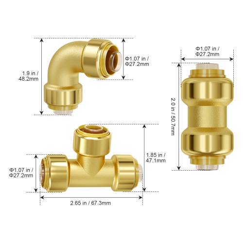 VEVOR 1/2" Pipe Fittings, 25PCS Brass Pipe Fittings, Push-Fit Pipe Connector Brass Air Fittings, Adapter for Heating/Shower Systems, Water Pipes