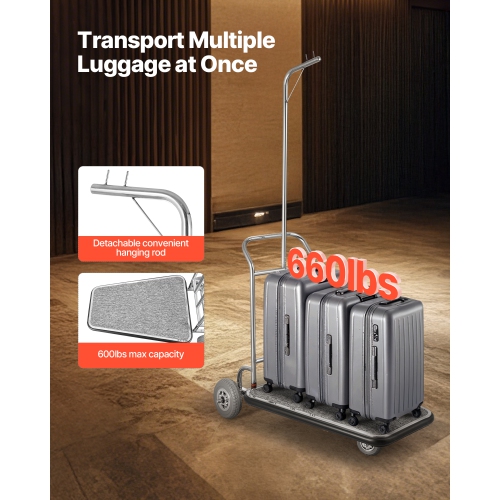 VEVOR 600 Load Capacity LBS Luggage Cart, 3 Wheel Stainless Steel, with Grey Carpeted Deck and Rubber Wheels, Ideal for Convention Centers, Hotels,