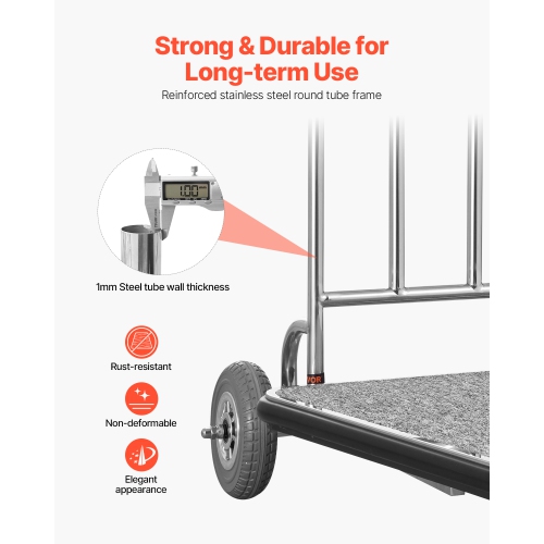 VEVOR 600 Load Capacity LBS Luggage Cart, 3 Wheel Stainless Steel, with Grey Carpeted Deck and Rubber Wheels, Ideal for Convention Centers, Hotels,