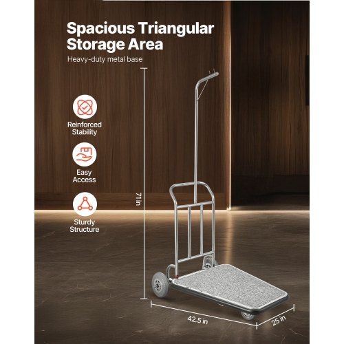 VEVOR 600 Load Capacity LBS Luggage Cart, 3 Wheel Stainless Steel, with Grey Carpeted Deck and Rubber Wheels, Ideal for Convention Centers, Hotels,