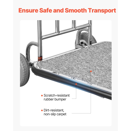 VEVOR 600 Load Capacity LBS Luggage Cart, 3 Wheel Stainless Steel, with Grey Carpeted Deck and Rubber Wheels, Ideal for Convention Centers, Hotels,