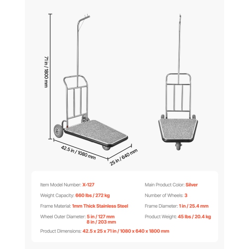 VEVOR 600 Load Capacity LBS Luggage Cart, 3 Wheel Stainless Steel, with Grey Carpeted Deck and Rubber Wheels, Ideal for Convention Centers, Hotels,
