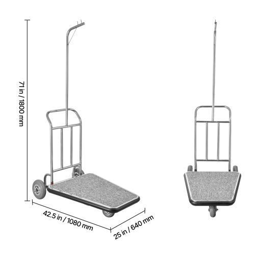 VEVOR 600 Load Capacity LBS Luggage Cart, 3 Wheel Stainless Steel, with Grey Carpeted Deck and Rubber Wheels, Ideal for Convention Centers, Hotels,