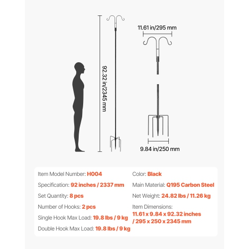 VEVOR 8 Pack 92in Double Shepherds Hooks, Heavy Duty Bird Feeder Pole, 3/4 Inch Thick Garden Hooks for Hanging Hummingbird Feeder, Plant Baskets,
