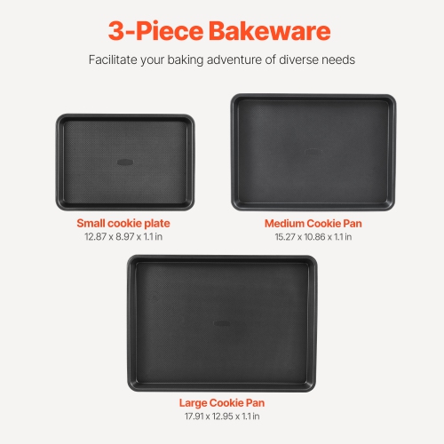 VEVOR 3-Piece Baking Pans Set, Nonstick Carbon Steel Cookware Sheets & Trays, Stackable Kitchen Oven Bakeware Cooking Sets with Silicone Handles,