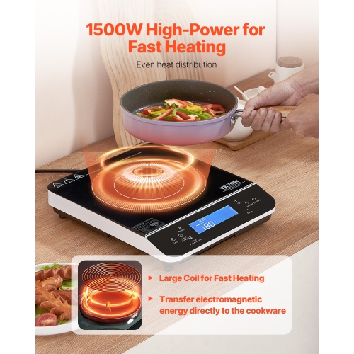 VEVOR 1500W Portable Induction Cooktop, Electric Induction Burner with 9 Temperature Settings, Countertop Induction Hot Plate with 4H Timer, 24H