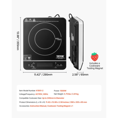 VEVOR 1500W Portable Induction Cooktop, Electric Induction Burner with 9 Temperature Settings, Countertop Induction Hot Plate with 4H Timer, 24H