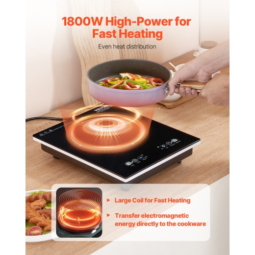 VEVOR 1800W Portable Induction Cooktop, Electric Induction Burner with 9 Temperature Settings, Countertop Induction Hot Plate with 3H Timer, Child