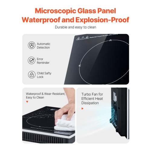 VEVOR 1800W Portable Induction Cooktop, Electric Induction Burner with 9 Temperature Settings, Countertop Induction Hot Plate with 3H Timer, Child