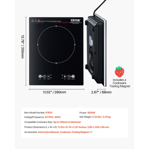 VEVOR 1800W Portable Induction Cooktop, Electric Induction Burner with 9 Temperature Settings, Countertop Induction Hot Plate with 3H Timer, Child