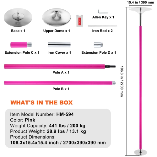 VEVOR 40mm Professional Dancing Pole, Spinning Static Dancing Pole Kit, Portable Removable Pole, Heavy-Duty Stainless Steel Pole, Height Adjustable