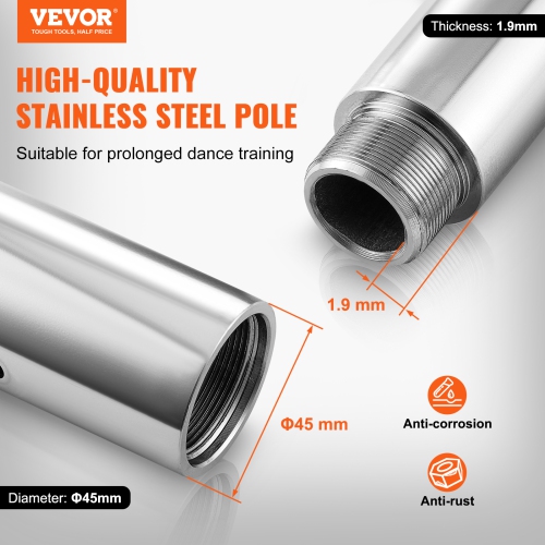 VEVOR 45mm Professional Dancing Pole, Spinning Static Dancing Pole Kit, Portable Removable Pole, Heavy-Duty Stainless Steel Pole, Height Adjustable
