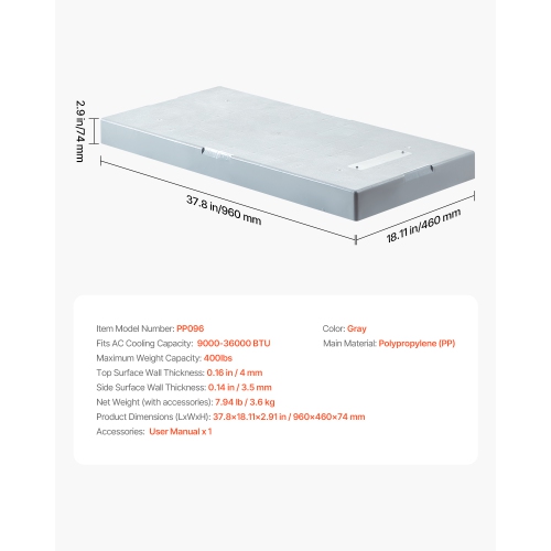 VEVOR 400 lbs LC Mini Split Pad, for 9000-36000BTU Ductless Air Conditioner Heat Pump Systems, 38x18x3 in Plastic Condenser Equipment Anti-Vibration