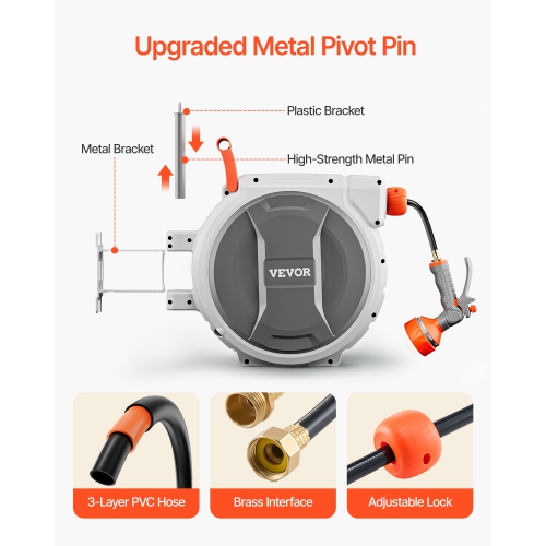 Dévidoir de jardin rétractable 5/8 Inch x 100&nbsp;pi de VEVOR, dévidoir mural, dévidoir de jardin robuste avec buse à 9 réglages, système de retour