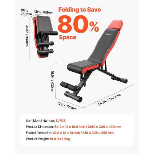 VEVOR 660lbs Adjustable Weight Bench, for Full Body Workout, Exercise Sit up Bench for Home Gym Strength Training, Flat Bench with Extended Head/Neck