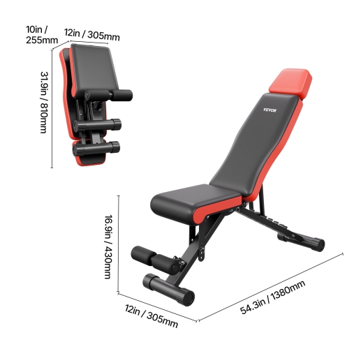 VEVOR 660lbs Adjustable Weight Bench, for Full Body Workout, Exercise Sit up Bench for Home Gym Strength Training, Flat Bench with Extended Head/Neck