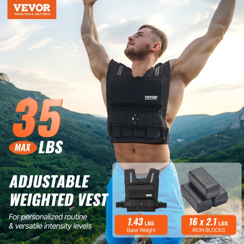 VEVOR 35lb Weight Adjustable Weighted Vest, with Iron Weights, Shoulder Pad, and Reflective Stripe, Body Exercise Set for Men Women, Equipment for