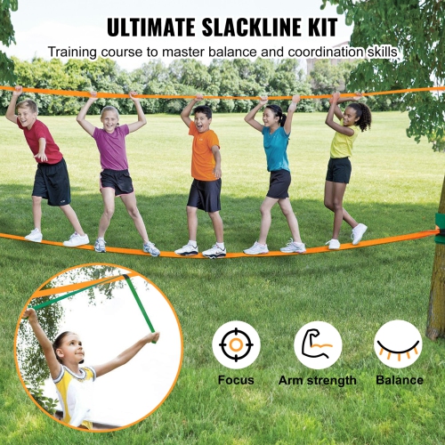 VEVOR 60 ft Slackline Kit with Training Line, Backyard Slack Line Equipment,Easy Setup Tight Rope for Kids Adults, Complete Slackline Set with Tree