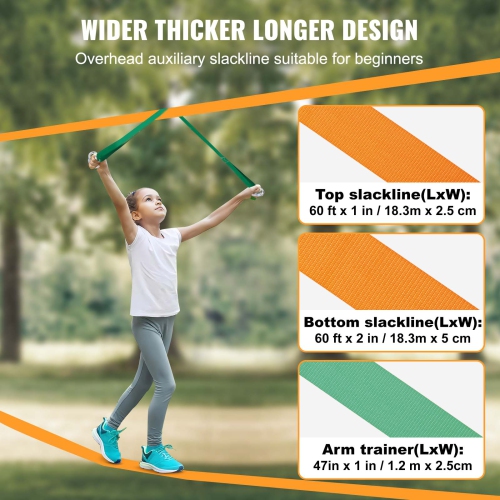 VEVOR 60 ft Slackline Kit with Training Line, Backyard Slack Line Equipment,Easy Setup Tight Rope for Kids Adults, Complete Slackline Set with Tree