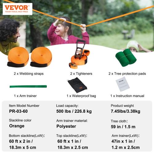 VEVOR 60 ft Slackline Kit with Training Line, Backyard Slack Line Equipment,Easy Setup Tight Rope for Kids Adults, Complete Slackline Set with Tree