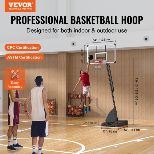 VEVOR 7.6-10 ft Basketball Hoop, Portable Backboard System, 54 inch Basketball Hoop & Goal, Kids & Adults Basketball Set with Wheels, Stand, and