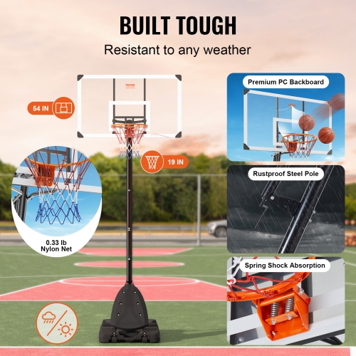 VEVOR 7.6-10 ft Basketball Hoop, Portable Backboard System, 54 inch Basketball Hoop & Goal, Kids & Adults Basketball Set with Wheels, Stand, and