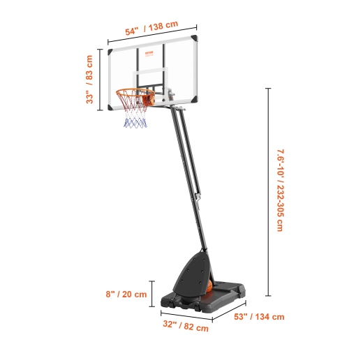 VEVOR 7.6-10 ft Basketball Hoop, Portable Backboard System, 54 inch Basketball Hoop & Goal, Kids & Adults Basketball Set with Wheels, Stand, and