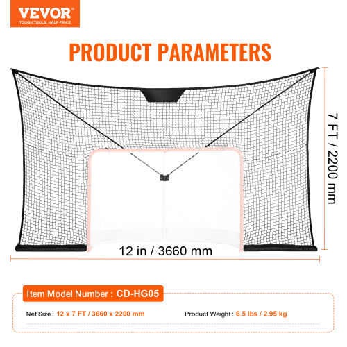 VEVOR 12x7 FT Hockey Goal Backstop Net, Street Hockey Sports Backstop Netting, Portable Indoor Outdoor Hockey Training Net, Large Size Target Net,