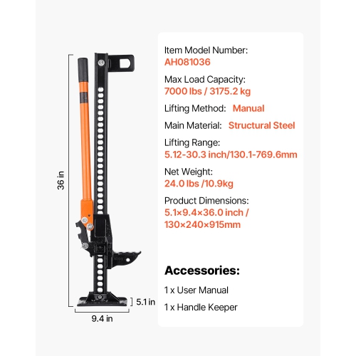VEVOR 36" Farm Jack,Utility High Lift Farm Jack, 3.18 Ton Capacity Ratcheting Off Road Utility Jacks, Heavy-Duty Lift Jacks with 5.12"-30.3" Lifting