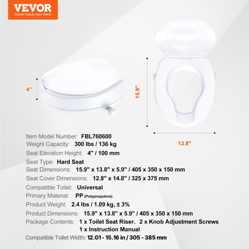 VEVOR 4" Raised Toilet Seat,Height Raised, 300 lbs Weight Capacity, Universal Toilet Seat Riser, Screw Rod Locking, with Toilet Seat, for Elderly,